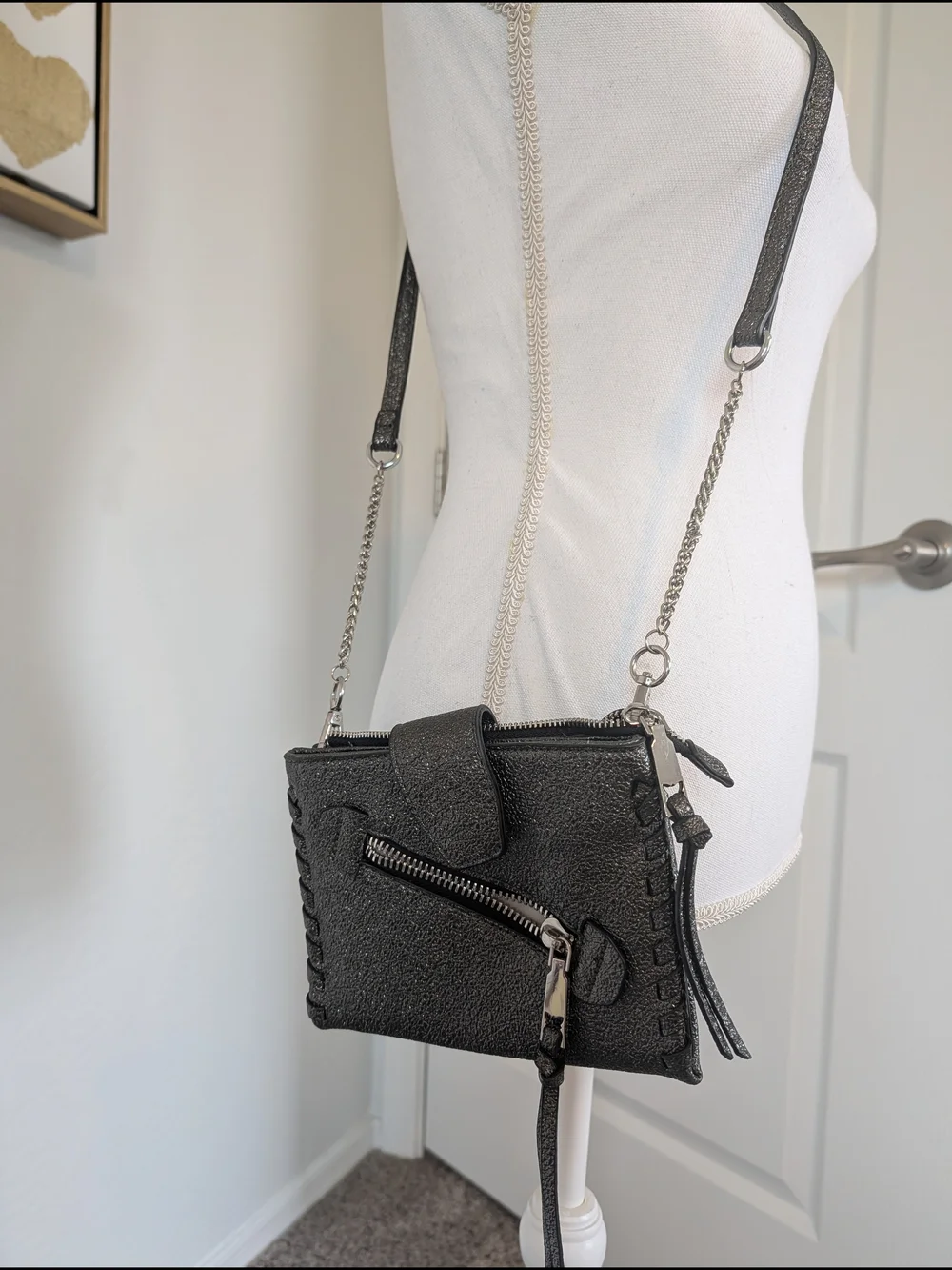 BCBGeneration Black Sparkly Textured Leather Crossbody Handbag